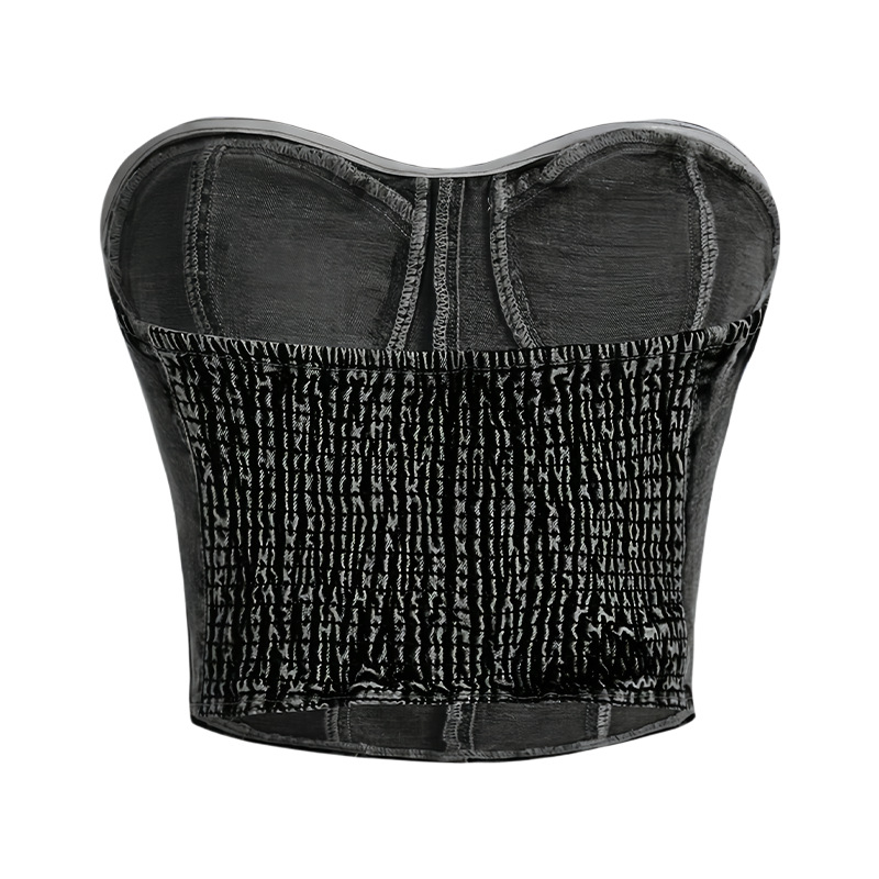 Denim mellény melltámaszokkal, váll nélkül, karcsú szabás, rövid fazon, kockás mintázat — Nyár 2025