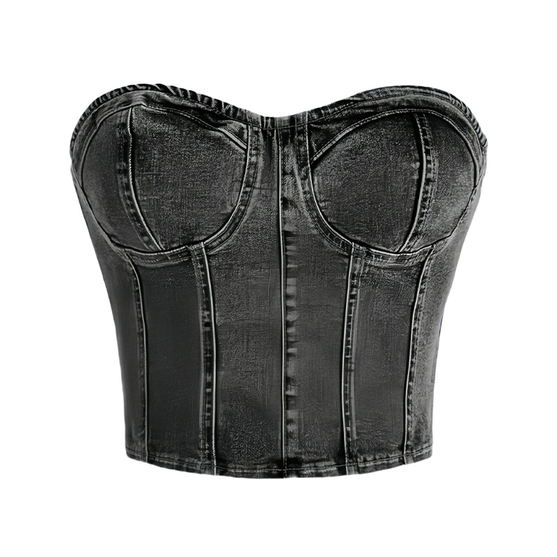 Denim mellény melltámaszokkal, váll nélkül, karcsú szabás, rövid fazon, kockás mintázat — Nyár 2025