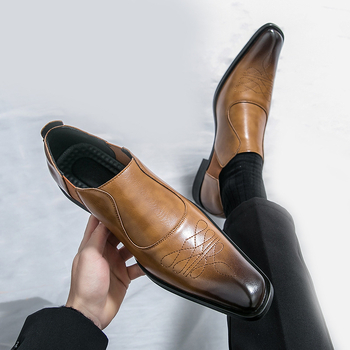 Ανδρικά slip-on δερμάτινα παπούτσια, επάνω μέρος από μικροϊνες δέρματος, δερμάτινο καπάκι δακτύλου, δερμάτινο εσωτερικό, σόλα από καουτσούκ, επιχειρηματικό στυλ