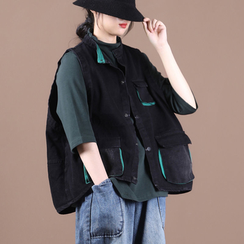 Moteriška džinsinė liemenė su etno-art retro stiliumi, pakabinama kaklo apykaklė, džinsinis audinys su 95%+ medvilnės sudėtimi