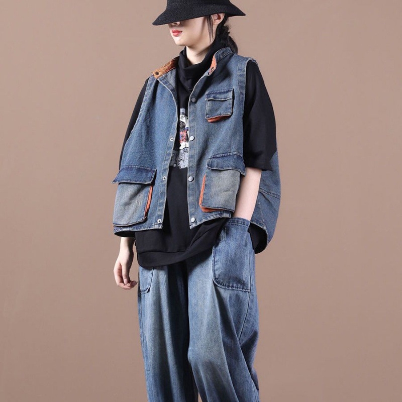 Moteriška džinsinė liemenė su etno-art retro stiliumi, pakabinama kaklo apykaklė, džinsinis audinys su 95%+ medvilnės sudėtimi