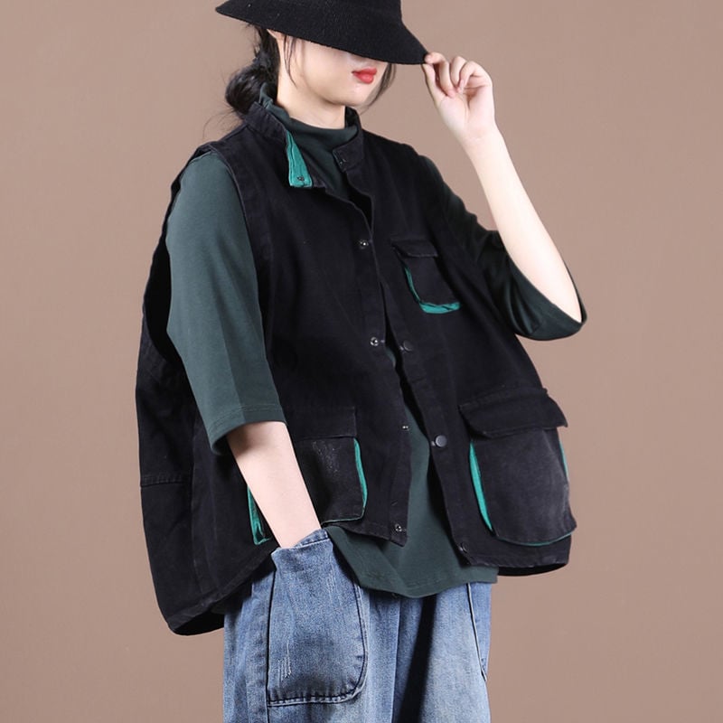 Moteriška džinsinė liemenė su etno-art retro stiliumi, pakabinama kaklo apykaklė, džinsinis audinys su 95%+ medvilnės sudėtimi