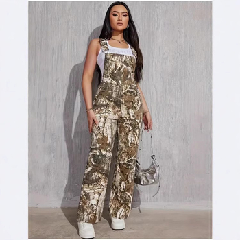 Pantaloni casual cu imprimeu camuflaj, țesătură poliester, talie liberă, croială dreaptă, cu buzunare