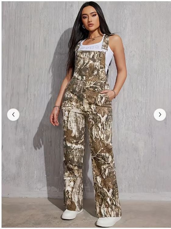 Pantaloni casual cu imprimeu camuflaj, țesătură poliester, talie liberă, croială dreaptă, cu buzunare