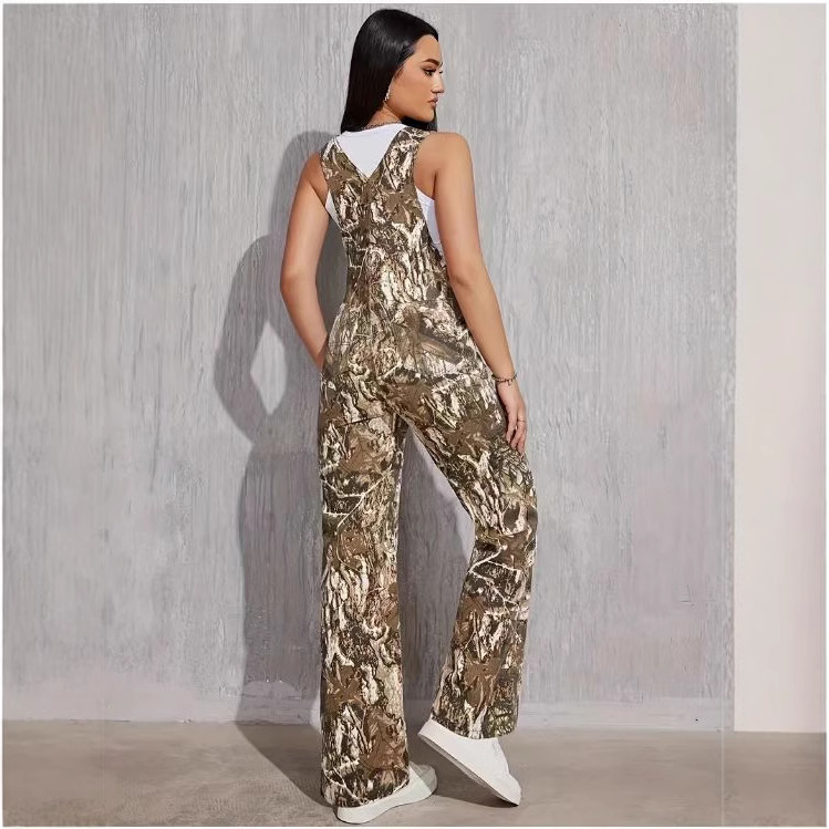 Pantaloni casual cu imprimeu camuflaj, țesătură poliester, talie liberă, croială dreaptă, cu buzunare