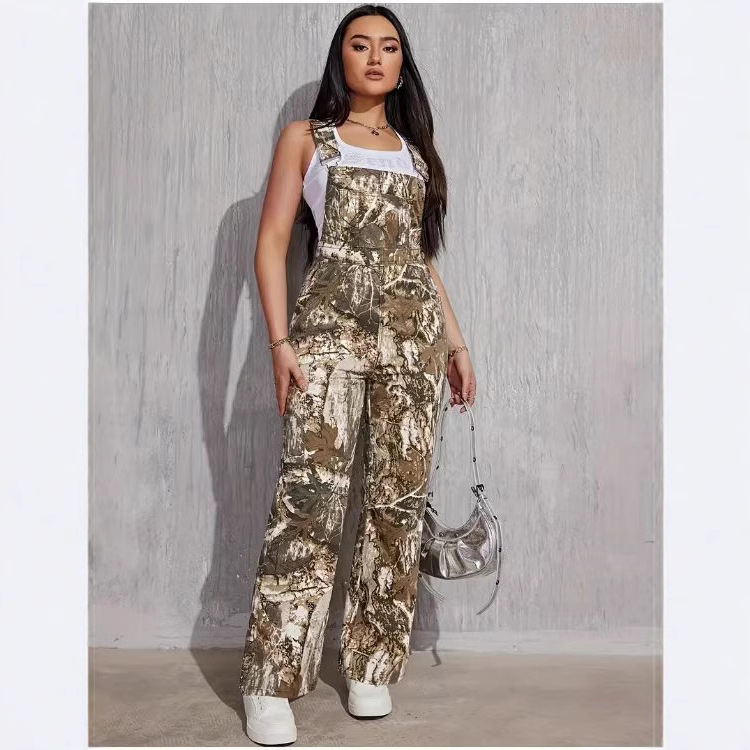 Pantaloni casual cu imprimeu camuflaj, țesătură poliester, talie liberă, croială dreaptă, cu buzunare