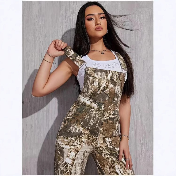 Pantaloni casual cu imprimeu camuflaj, țesătură poliester, talie liberă, croială dreaptă, cu buzunare