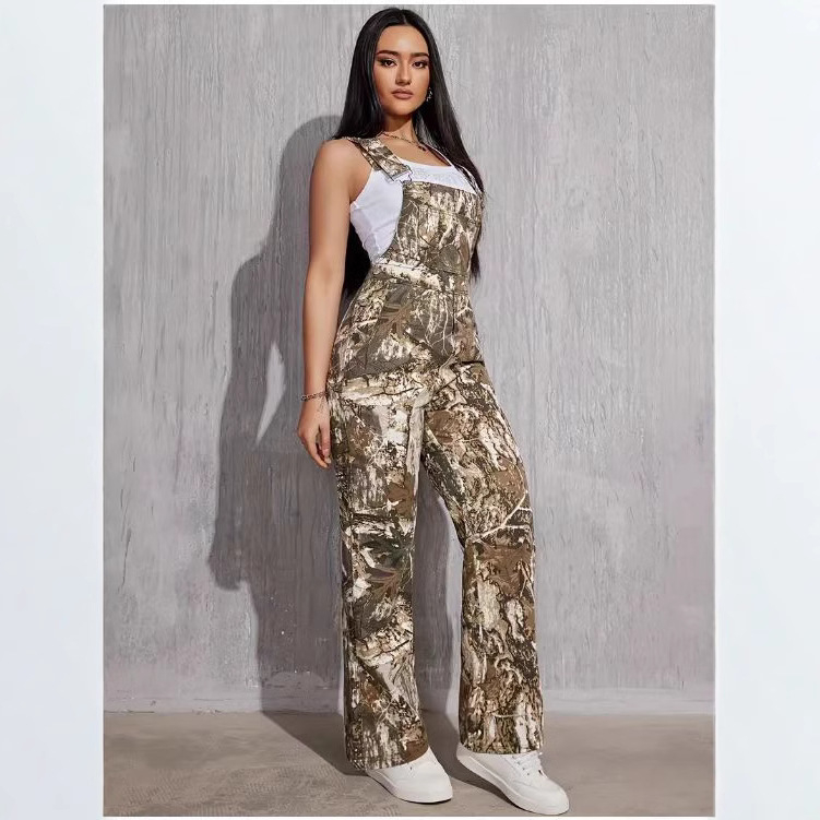 Pantaloni casual cu imprimeu camuflaj, țesătură poliester, talie liberă, croială dreaptă, cu buzunare
