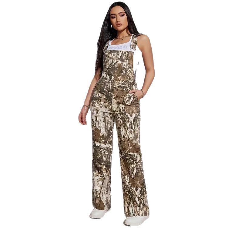 Pantaloni casual cu imprimeu camuflaj, țesătură poliester, talie liberă, croială dreaptă, cu buzunare