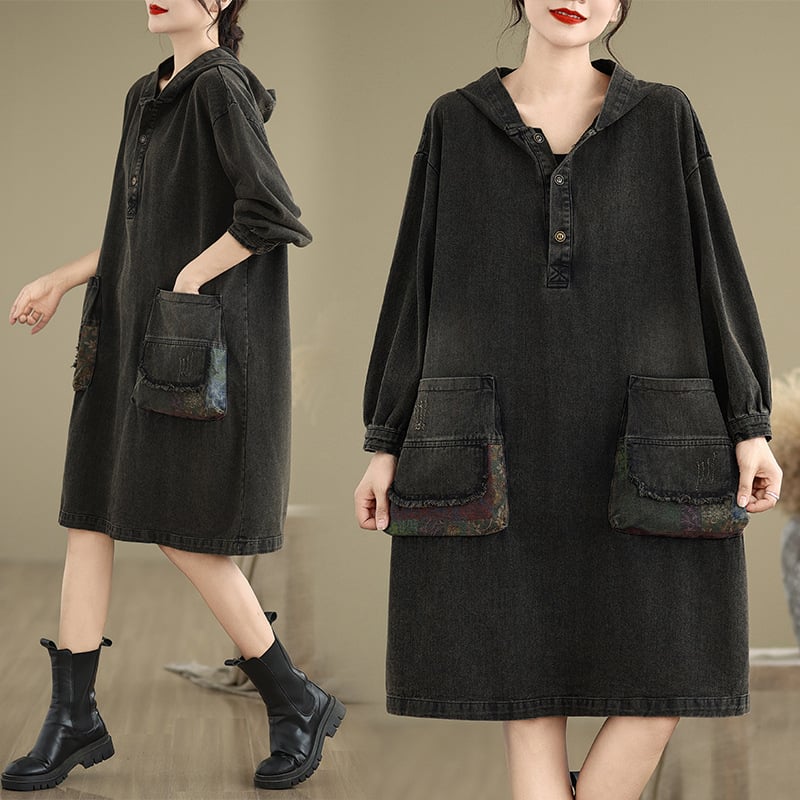 Деним рокля с качулка за жени, свободна кройка, средна дължина, дълги ръкави, памучна деним материя, есен 2024