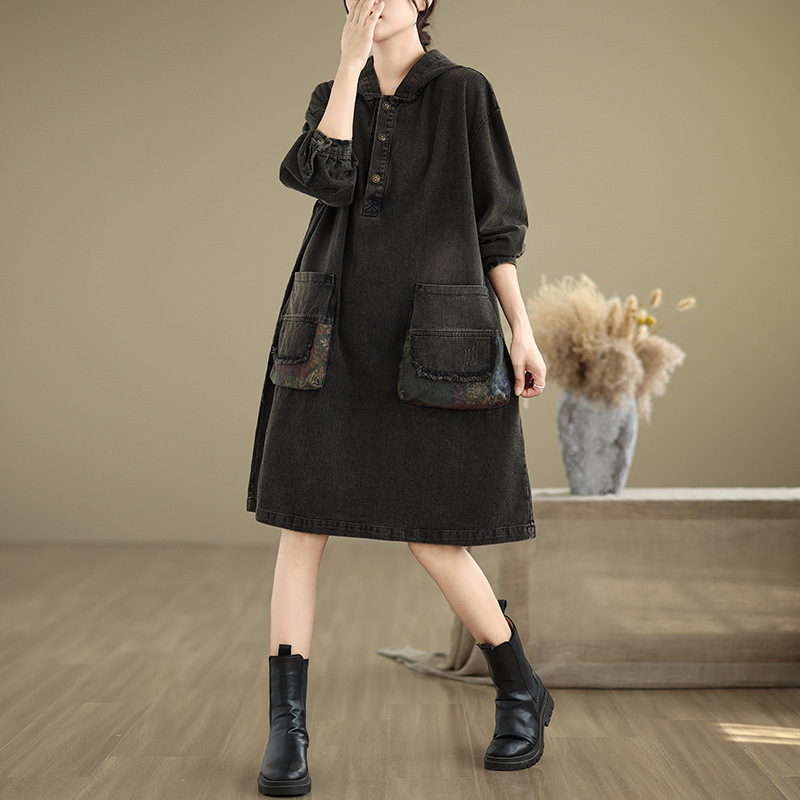 Деним рокля с качулка за жени, свободна кройка, средна дължина, дълги ръкави, памучна деним материя, есен 2024