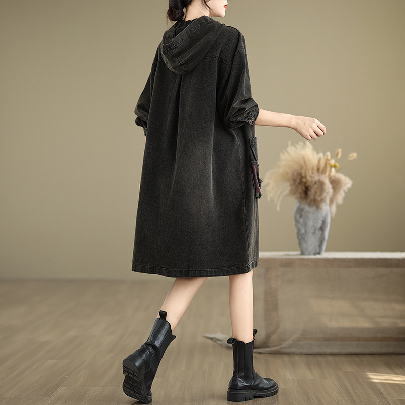 Деним рокля с качулка за жени, свободна кройка, средна дължина, дълги ръкави, памучна деним материя, есен 2024
