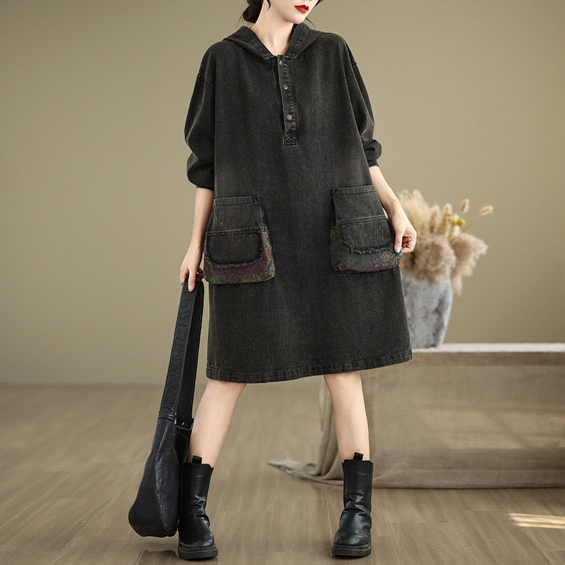 Деним рокля с качулка за жени, свободна кройка, средна дължина, дълги ръкави, памучна деним материя, есен 2024