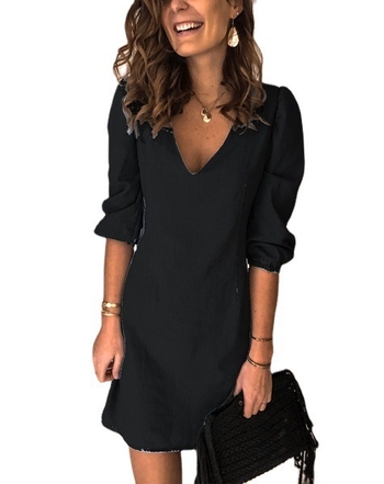 Φόρεμα midi με V-ντεκολτέ, κοντά μανίκια, πολυεστέρα-σπαντέξ, μονόχρωμο