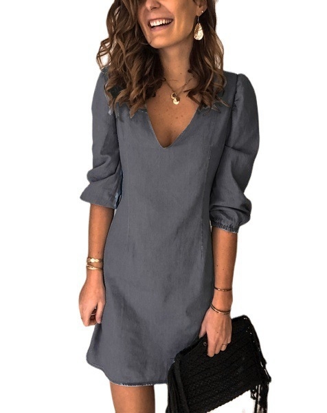 Rochie midi cu decolteu în V, mâneci scurte, poliester elastan, unicolor