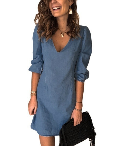 Rochie midi cu decolteu în V, mâneci scurte, poliester elastan, unicolor