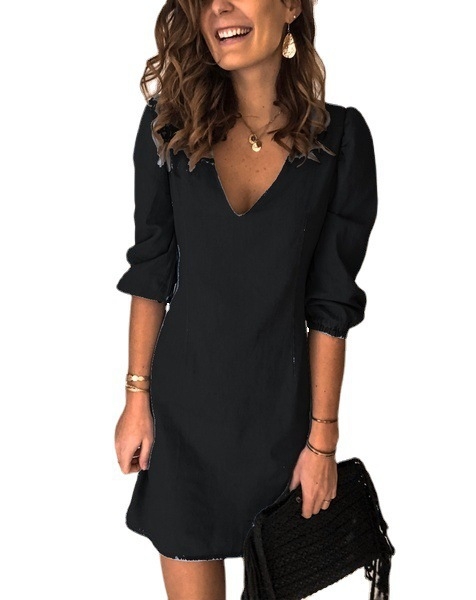 Rochie midi cu decolteu în V, mâneci scurte, poliester elastan, unicolor
