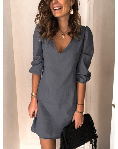 Rochie midi cu decolteu în V, mâneci scurte, poliester elastan, unicolor