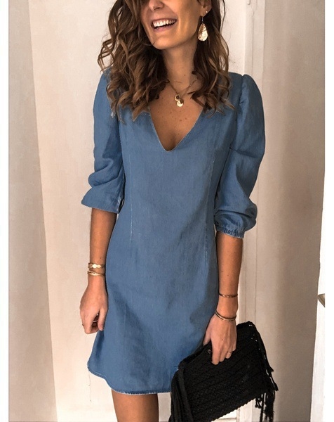 Rochie midi cu decolteu în V, mâneci scurte, poliester elastan, unicolor