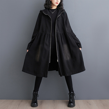 Ντένιμ παλτό με κουκούλα, μακριά μανίκια, μεσαίο μήκος (65–80 εκ, 95% βαμβάκι)