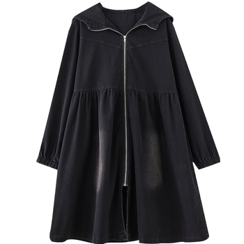 Ντένιμ παλτό με κουκούλα, μακριά μανίκια, μεσαίο μήκος (65–80 εκ, 95% βαμβάκι)