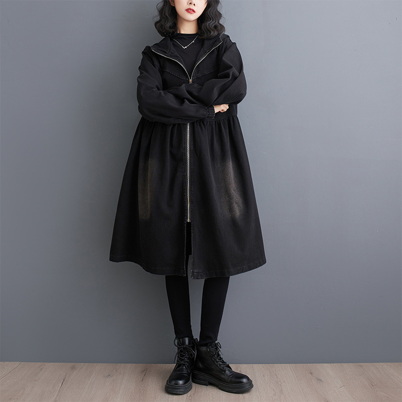 Džinsa jaka ar kapuci, garas piedurknes, vidēja garuma (65–80 cm, 95% kokvilna)