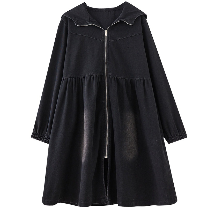 Džinsa jaka ar kapuci, garas piedurknes, vidēja garuma (65–80 cm, 95% kokvilna)