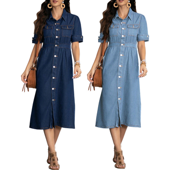 Rochie denim cu rever, mâneci scurte, talie cambrată, lungime medie, culoare solidă, 30–50% bumbac