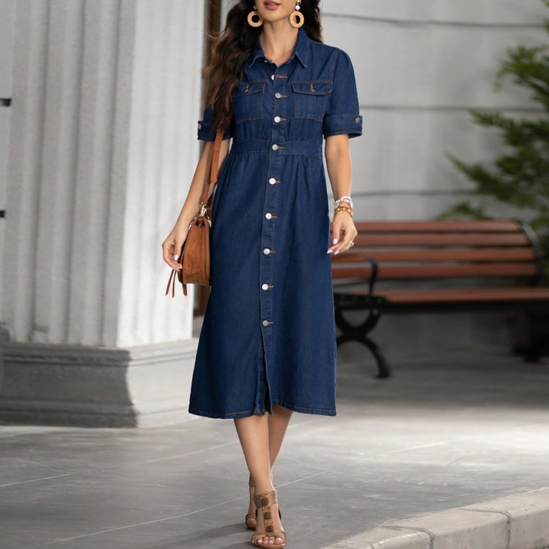 Rochie denim cu rever, mâneci scurte, talie cambrată, lungime medie, culoare solidă, 30–50% bumbac