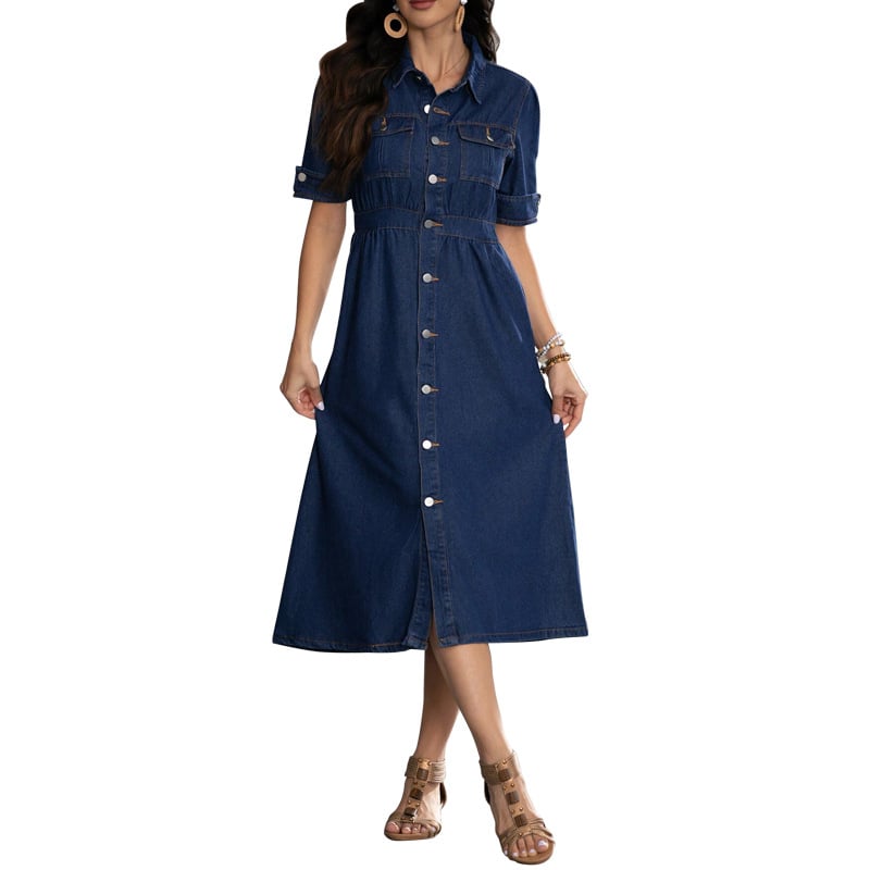 Rochie denim cu rever, mâneci scurte, talie cambrată, lungime medie, culoare solidă, 30–50% bumbac