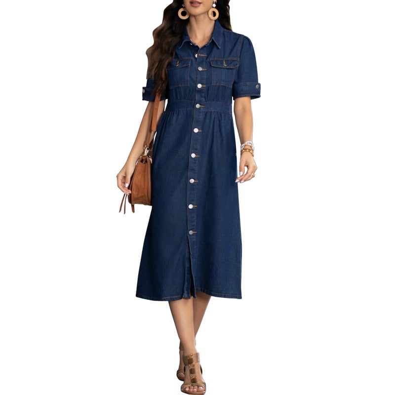 Rochie denim cu rever, mâneci scurte, talie cambrată, lungime medie, culoare solidă, 30–50% bumbac
