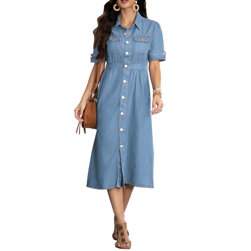 Rochie denim cu rever, mâneci scurte, talie cambrată, lungime medie, culoare solidă, 30–50% bumbac