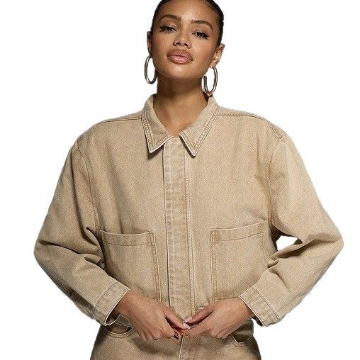 Moteriška džinsinė striukė su apykakle, ilgos rankovės, vienos eilės užsegimas, retro įkvėpta, pavasaris 2025