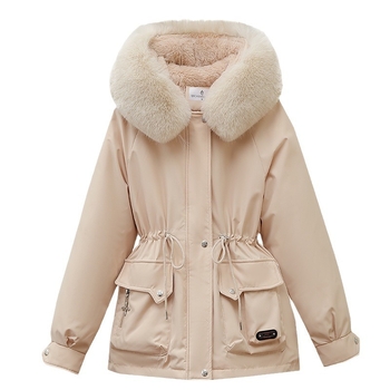 Γυναικείο κοντό παρκά με κουκούλα, γέμισμα από βαμβάκι, επένδυση φλίς εσωτερικά, φερμουάρ, γούνινος γιακάς, μακριές μανίκες