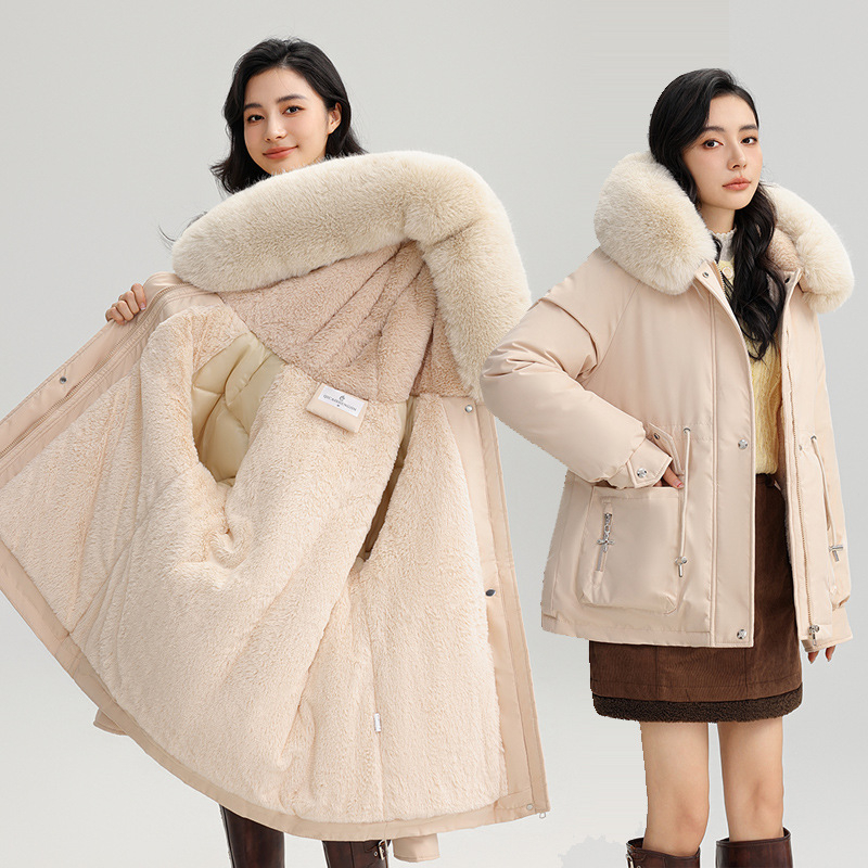 Дамски къс парка с качулка, памучен пълнеж, подплатен с плътен полар, цип за затваряне, с пухена яка, дълги ръкави