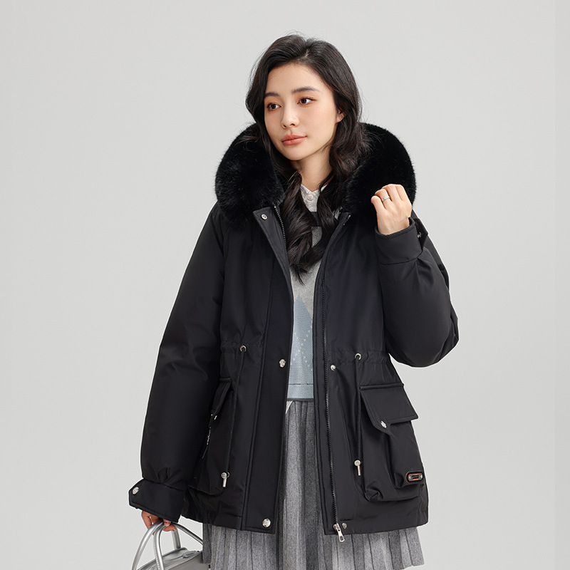 Дамски къс парка с качулка, памучен пълнеж, подплатен с плътен полар, цип за затваряне, с пухена яка, дълги ръкави