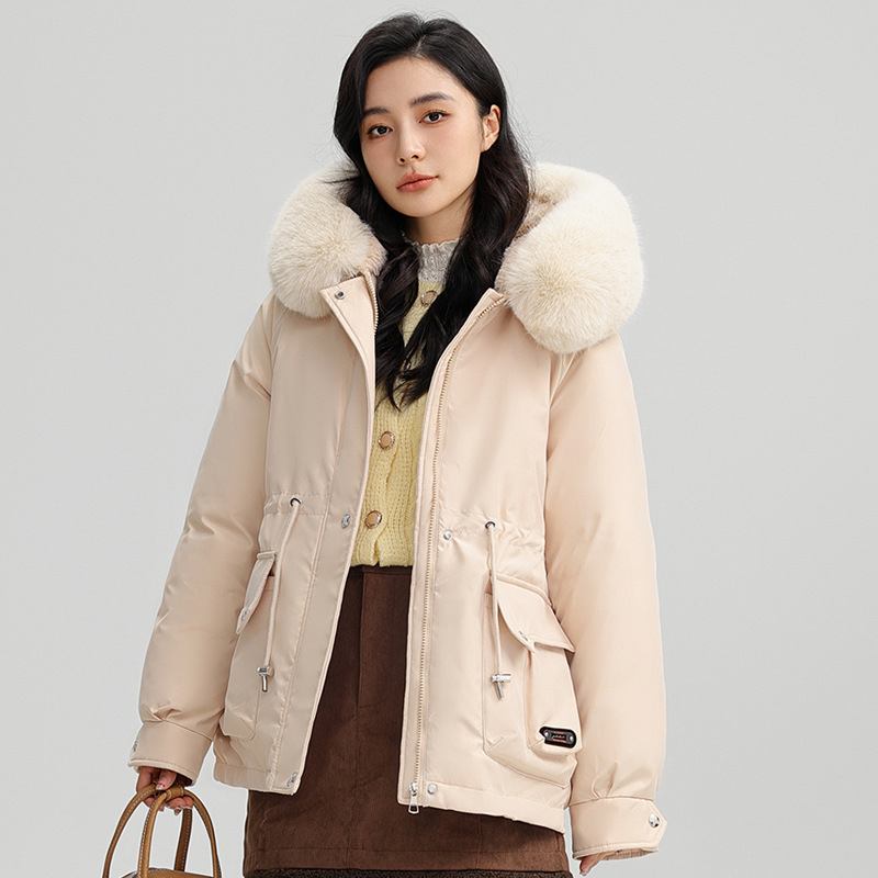 Дамски къс парка с качулка, памучен пълнеж, подплатен с плътен полар, цип за затваряне, с пухена яка, дълги ръкави