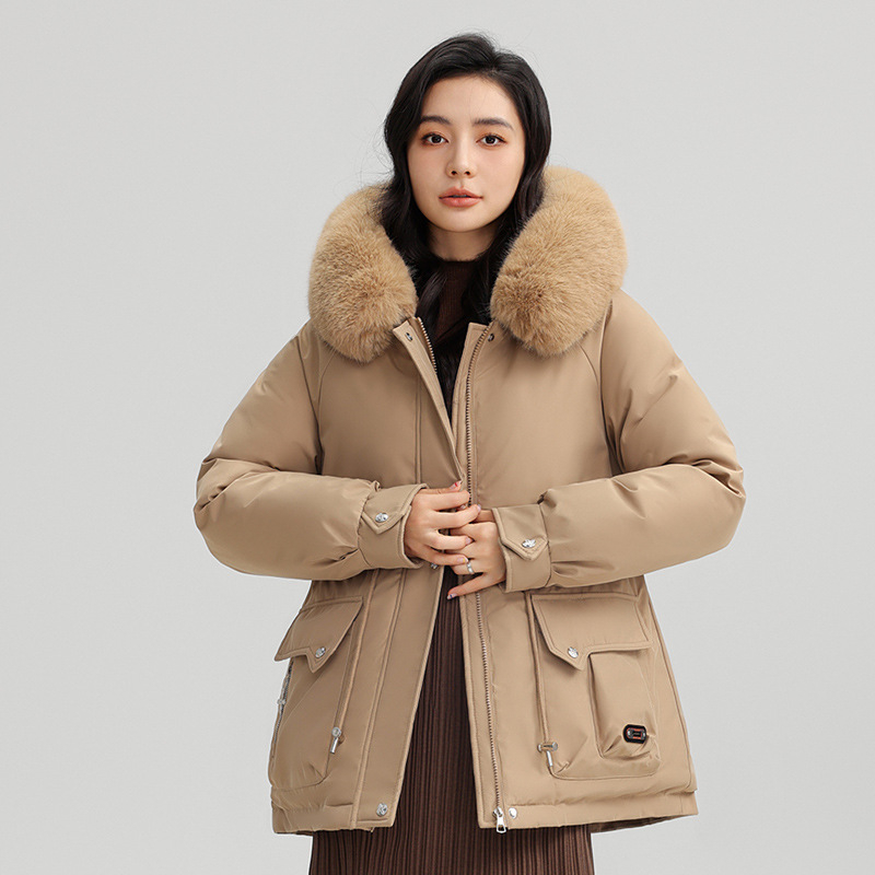 Дамски къс парка с качулка, памучен пълнеж, подплатен с плътен полар, цип за затваряне, с пухена яка, дълги ръкави
