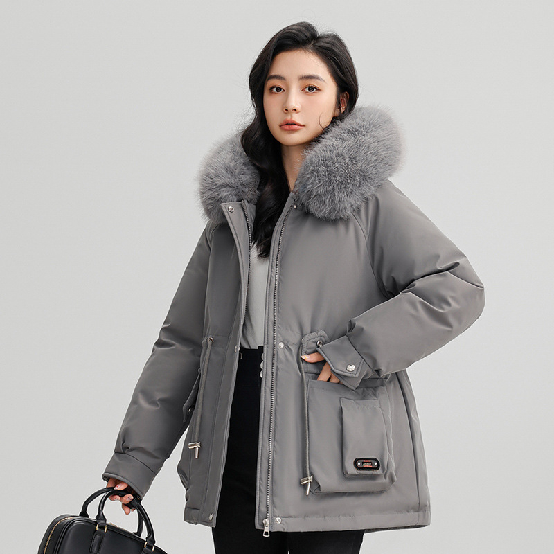 Дамски къс парка с качулка, памучен пълнеж, подплатен с плътен полар, цип за затваряне, с пухена яка, дълги ръкави