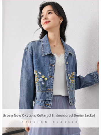 Zhenqi medvilninė džinsinė striukė su gėlėmis siuvinėjimu, polo apykaklė, išplautas paviršius, ilgos rankovės, tiesus kirpimas