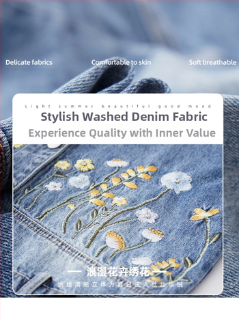 Zhenqi medvilninė džinsinė striukė su gėlėmis siuvinėjimu, polo apykaklė, išplautas paviršius, ilgos rankovės, tiesus kirpimas