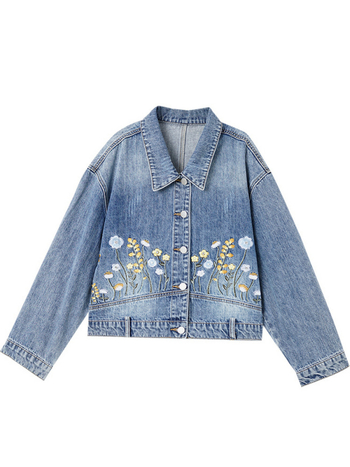 Zhenqi medvilninė džinsinė striukė su gėlėmis siuvinėjimu, polo apykaklė, išplautas paviršius, ilgos rankovės, tiesus kirpimas
