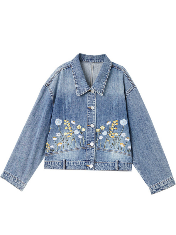 Zhenqi medvilninė džinsinė striukė su gėlėmis siuvinėjimu, polo apykaklė, išplautas paviršius, ilgos rankovės, tiesus kirpimas