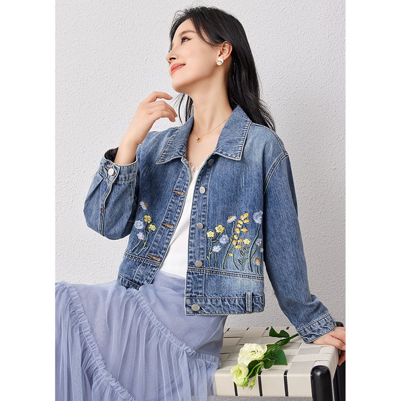 Zhenqi medvilninė džinsinė striukė su gėlėmis siuvinėjimu, polo apykaklė, išplautas paviršius, ilgos rankovės, tiesus kirpimas