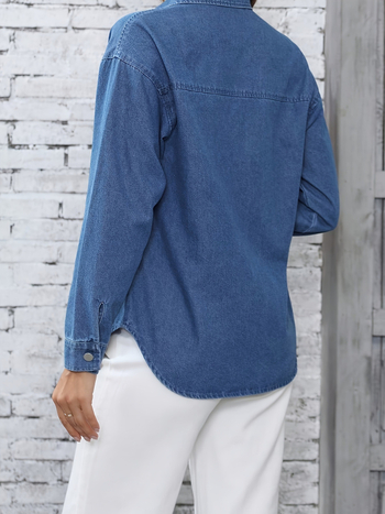 Τζιν πουκάμισο-καρντιγάν με γιακά τύπου lapel, στενή γραμμή, μακριά μανίκια, καλοκαίρι 2024