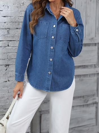 Τζιν πουκάμισο-καρντιγάν με γιακά τύπου lapel, στενή γραμμή, μακριά μανίκια, καλοκαίρι 2024