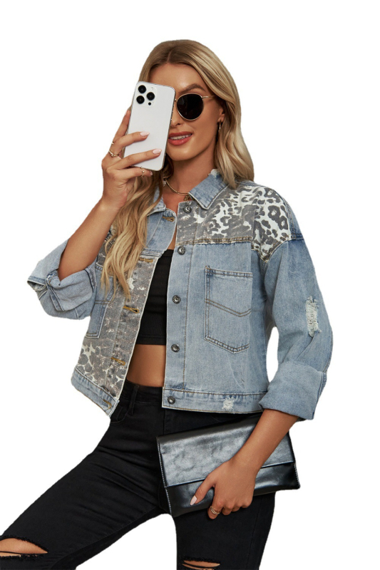 Džinsinė palaidinė su leopardų spauda, ilgos rankovės, laisvas kirpimas, skaitmeninis spaudas