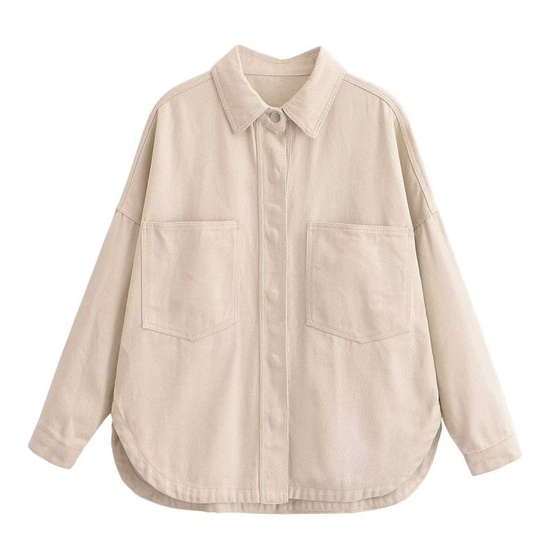 Džinsinė striukė mieste stiliaus, laisvas kirpimas, ilgomis rankovėmis, polo apykaklė