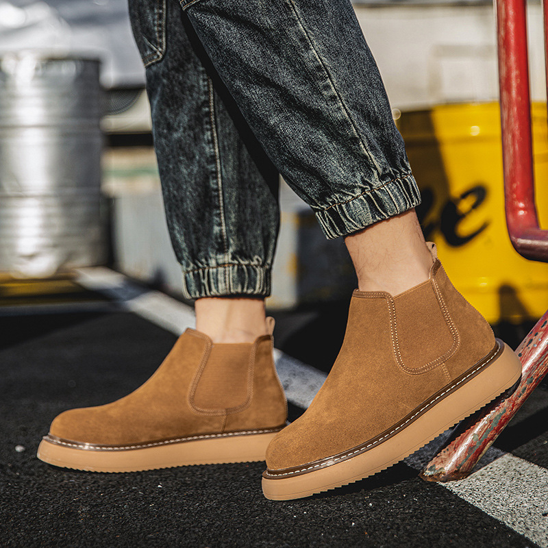 Мартин ботуши за мъже, естествена кожа и велур, ретро стил, гумена подметка, средна височина