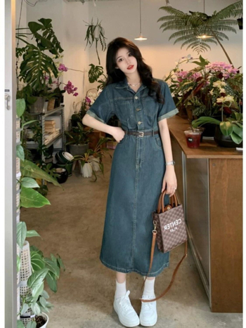 Τζιν φόρεμα μίντι σε γραμμή Α, γιακά πόλο, υψηλή μέση, κοντά μανίκια